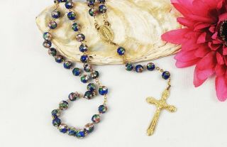 Blue Cloisonne Rosary Cobalt Blue Enamel Beads Floral Design Gold Tone