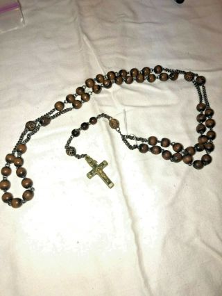 Vintage Brass And Wood Inlay Crucifix With Wooden Rosary Beads