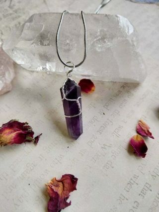 Deep Banded Amethyst Wire Wrapped Necklace - Reiki Healing Crystal Jewelry - 5