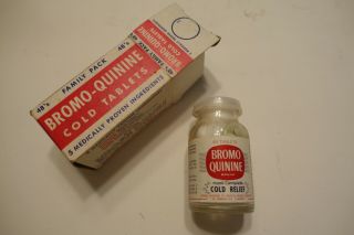 Vintage 1960s Nos Apothecary Pharmacy Bromo - Qunine Cold Tablets Box & Bottle