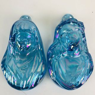 Blue Iridescent Carnival Glass Wall Hanging Plaque Jesus And Virgin Mary Set