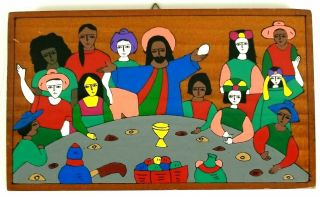 The Last Supper Hand Painted Wooden Hanging Art 8 X 4.  5 Inches El Salvador Folk