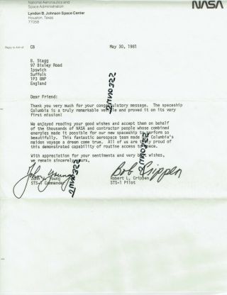 Nasa Space Shuttle Columbia Sts - 1 1981 Thank You Letter