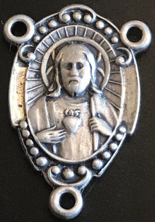 Vintage Catholic Sacred Heart Of Jesus Sterling Silver Rosary Centerpiece