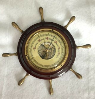 Vintage Wood Brass Nautical Barometer Made In West Germany Ships Wheel