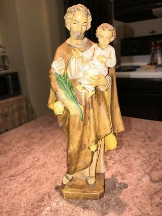 9.  5 " Tall St.  Joseph Holding Jesus Statue Made In Italy Signed Malsiner H