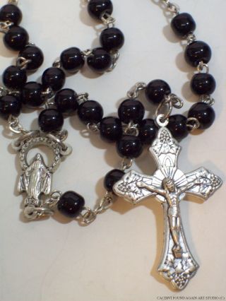 Vintage Black Glass Beads Chain Rosary Grapes Adorne Crucifix Mary Center Medal