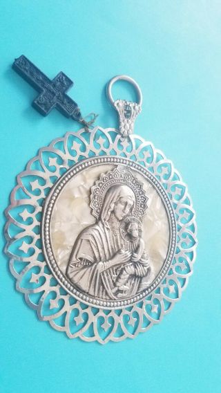 Greek Byzantine Orthodox Virgin Mary & Child Silver Metal With Small Wood Cross