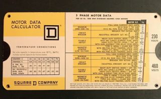 Vintage 1969 Square D Company Motor Data Calculator Slide Rule Chart Issue 2