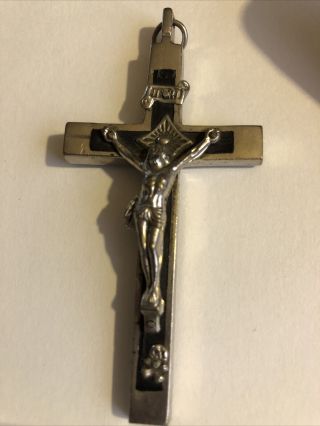 Silver With Inlaid Ebony 4 1/4 " Pectoral Crucifix Cross Skull Crossbones