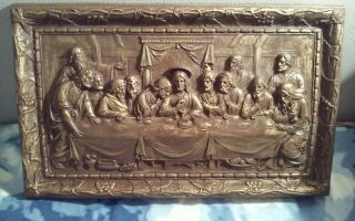 Vintage Last Supper Jesus & Disciples 3d Chalkware Wall Plaque Bronze Coloring
