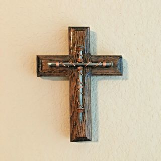 Wooden Cross Metal Nails Christian Religious Home Decor Wall Plaque 8.  5  Tall