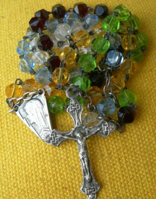 1920/30s Metal And Multicolored Glass Beads Rosary Chapelet Verre Multicolore