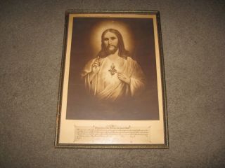 Antique Religious Print Framed Glass Consecration Of Family To The Sacred Heart.