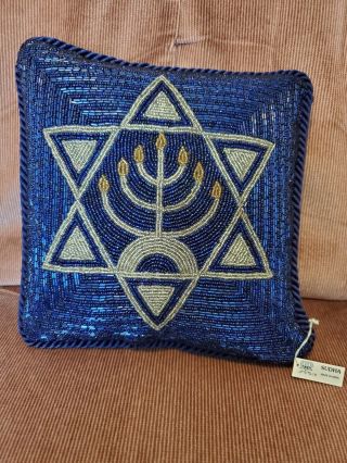 Sudha Blue Velvet Beaded Pillow With Star Of David And Menorah Design,  With Tags