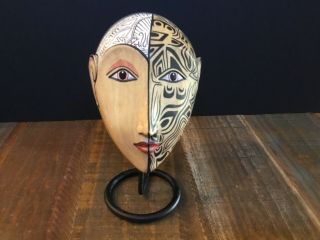 Tribal Head Face Mask Wood Hand Carved And Painted On Metal Stand Home Decor