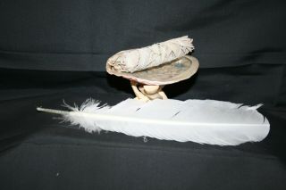 Smudge Kit: Med Abalone Shell &tripod Stand,  White Sage Stick & White Feather