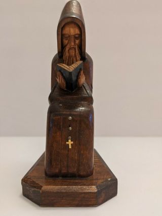 Vintage Wooden Carved Monk Priest Reading Book Seated Christian Folk Art Statue