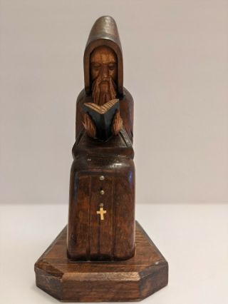 Vintage Wooden Carved Monk Priest Reading Book Seated Christian Folk Art Statue 3