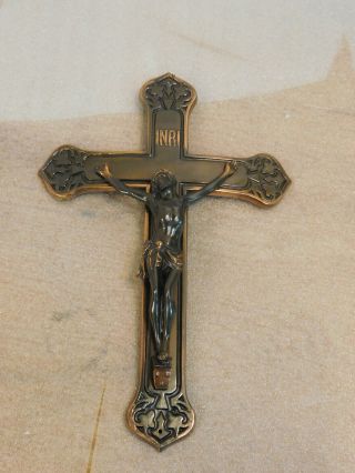 Lrg Hevy Wall Cross Crucifix Metal Inri Jesus Christ Bronze Brass Tone Casket