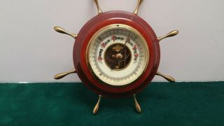 Vintage Nautical Ship Wheel Barometer Wood And Brass Beveled Glass