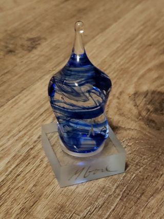 Venetian Glass Dreidel On Stand Signed By Artist M Gore Cobalt Blue