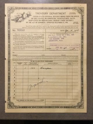 1947 Us Treasury Department Opium & Coca Leaves Order Form