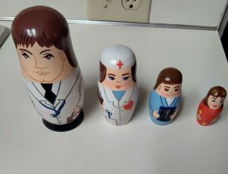 Doctor Md Hospital Nurse Gift Russian Wooden Nesting Doll Set 4 Pc Hand Painted