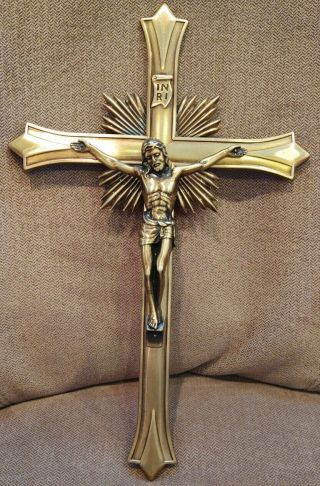 Vintage Solid Brass Catholic Church Religous Art Crucifix Jesus On Cross Inri