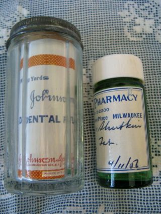 Vintage Green Pharmacy Medicine Bottle,  Glass Jar Dental Floss Johnson & Johnson