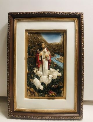 Vintage Jesus & Sheep 3d Picture Wall Hanging Lights Up - Framed Print Religious
