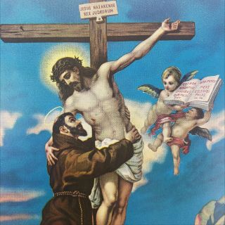 San Francisco De Asis Jesus Crucifixion Crucifix Cherub Lithograph Print Poster