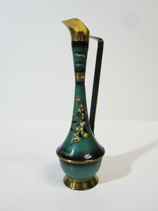 Vintage Green Enamel Brass Ewer Pitcher 9 " Made In Israel