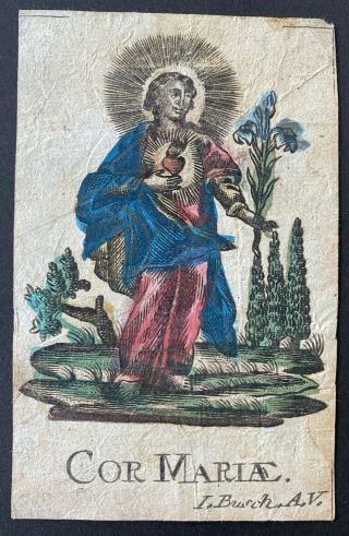 Engraving Antique 18th Century Holy Card Cor Mary Signed I.  Burch.  A.  V.