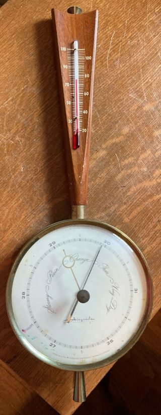 Airguide Barometer - 1956 - Mid Century Modern - Usa - Brass And Wood - 15 " Long -