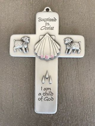 Girls Baptized In Christ Pewter Wall Cross With Pink Stones,  5 Inch.  No Box