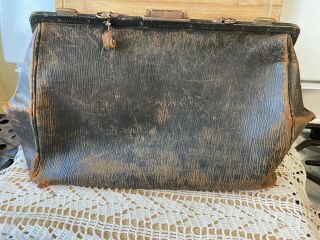 Vintage Large Doctors Medical Bag Satchel Black Leather Metal Frame 3