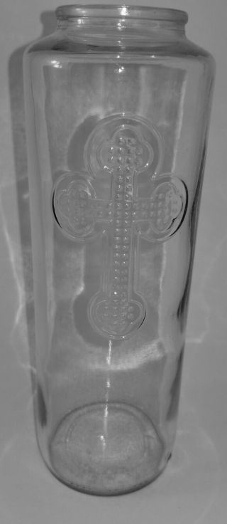 Large Vintage Catholic Holy Water Bottle Or Candle Jar Embossed Cross 8 " Tall