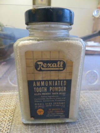 Vintage Rexall Ammoniated Dental Tooth Powder Clear Glass Bottle (full)