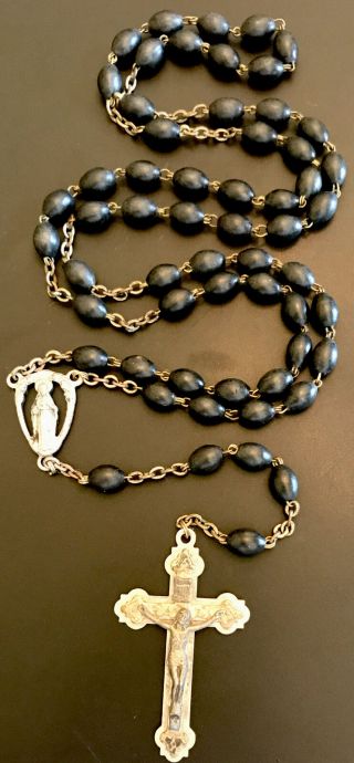 Vintage Catholic Black Cocoa Wood 5 Decade Rosary,  Silver Tone Crucifix,  Italy
