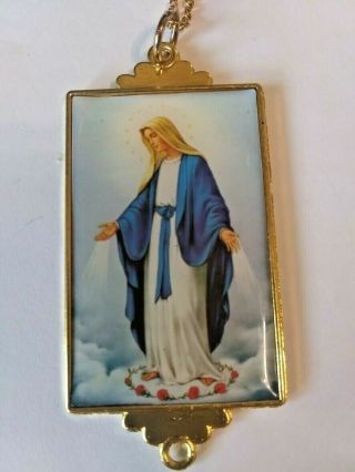 Large Our Lady Of Grace Pendant Enamel & Gold Tone Metal Catholic Virgin Mary