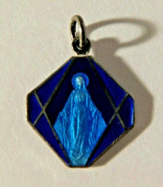 Vtg.  Sterling Silver Blue Enamel Virgin Mary Medal Pendant Charm