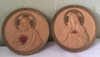 Vintage Sacred Heart Of Jesus & Mary Plastic Wall Pictures Round