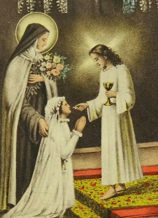 1945 Vintage French Holy Prayer Card First Communion Girl With St Saint Therese