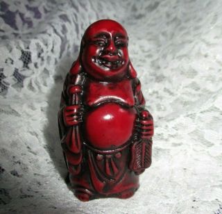 Vintage Smiling Buddha 2 1/4 " Tall Red Coloring/resin