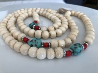 Tibetan White Bone Mala And Turquoise Prayer Beaded Necklace