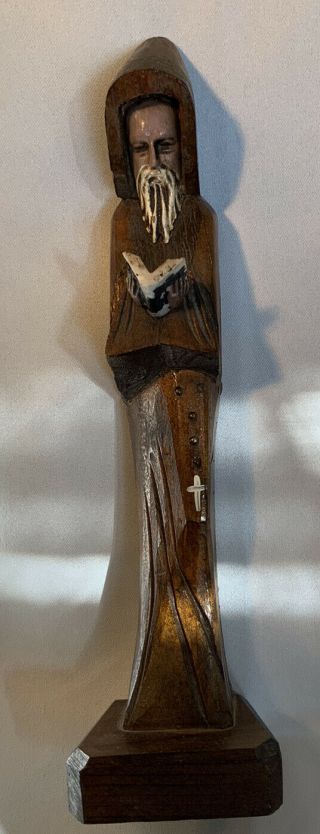 Hand Carved Wood Statue Monk Or Hooded Priest Figure W/ Bible & Rosary 12”