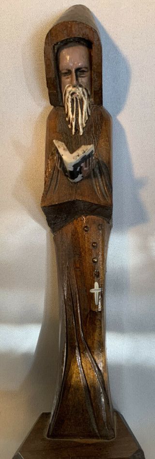 Hand Carved Wood Statue Monk or Hooded Priest Figure w/ Bible & Rosary 12” 2
