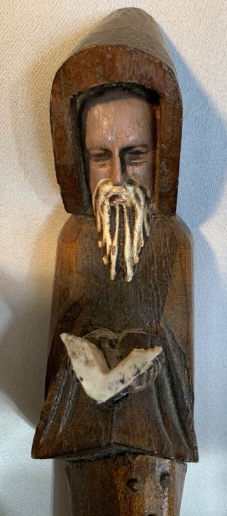 Hand Carved Wood Statue Monk or Hooded Priest Figure w/ Bible & Rosary 12” 3