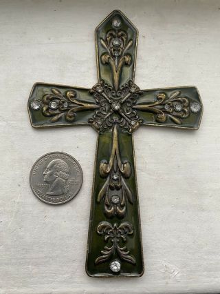 & Rare Antique Bronze/ Green Wall Cross Crucifix Jesus Christ
